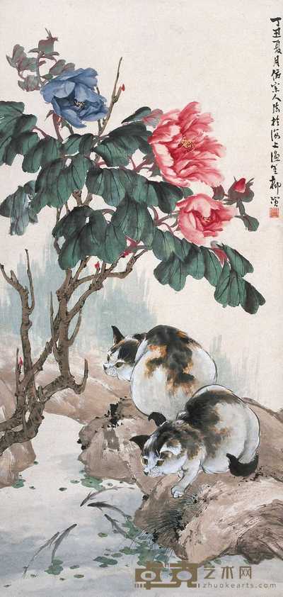 柳渔笙 1937年作 牡丹双狸图 立轴 110×52cm